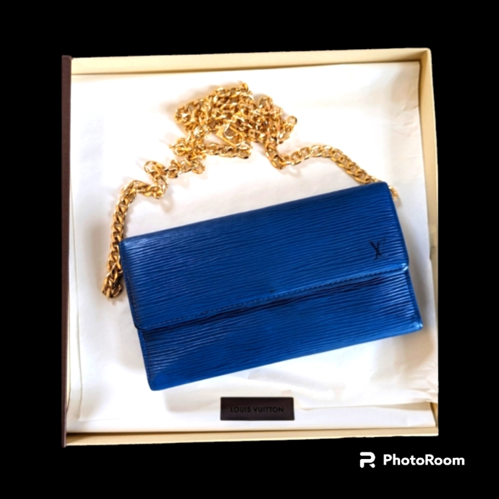 Louis Vuitton Blue Epi Leather Wallet with COA, Crossbody Chain and Box!